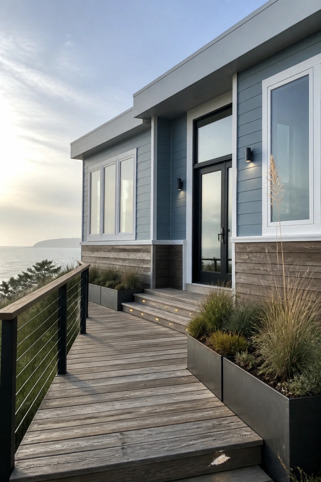 Modern coastal home with blue gray siding, white trim, and black windows.