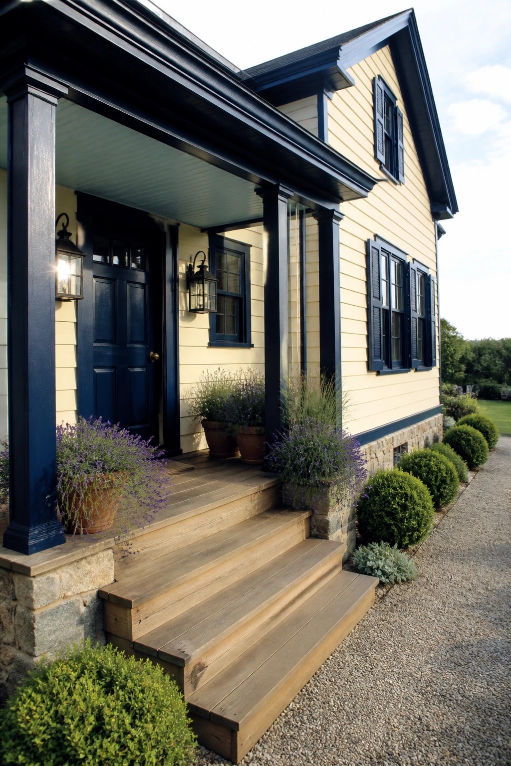 Yellow house with dark blue trim, wooden porch steps, and potted lavender plants.