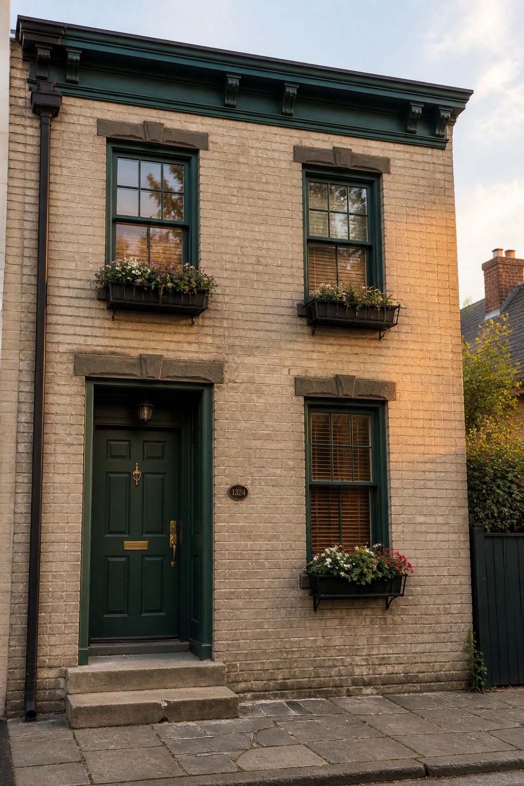 Dark green trim and door on a light brick townhouse exterior with black window boxes.