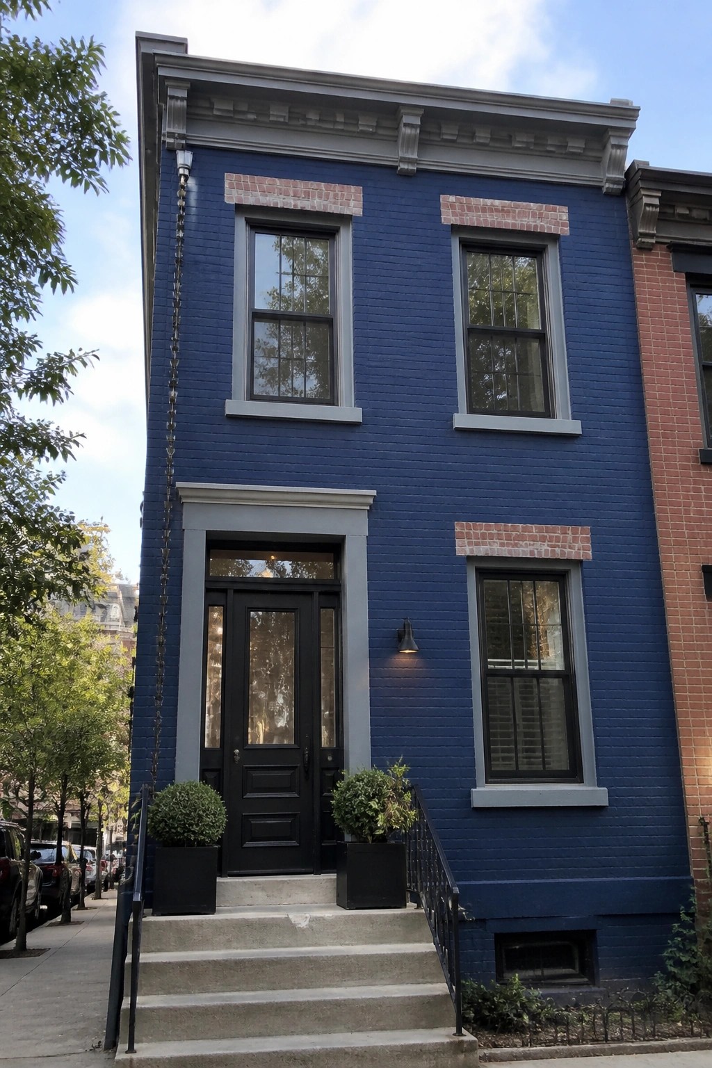 Deep navy blue painted brick siding on a narrow row house with gray trim and black door.