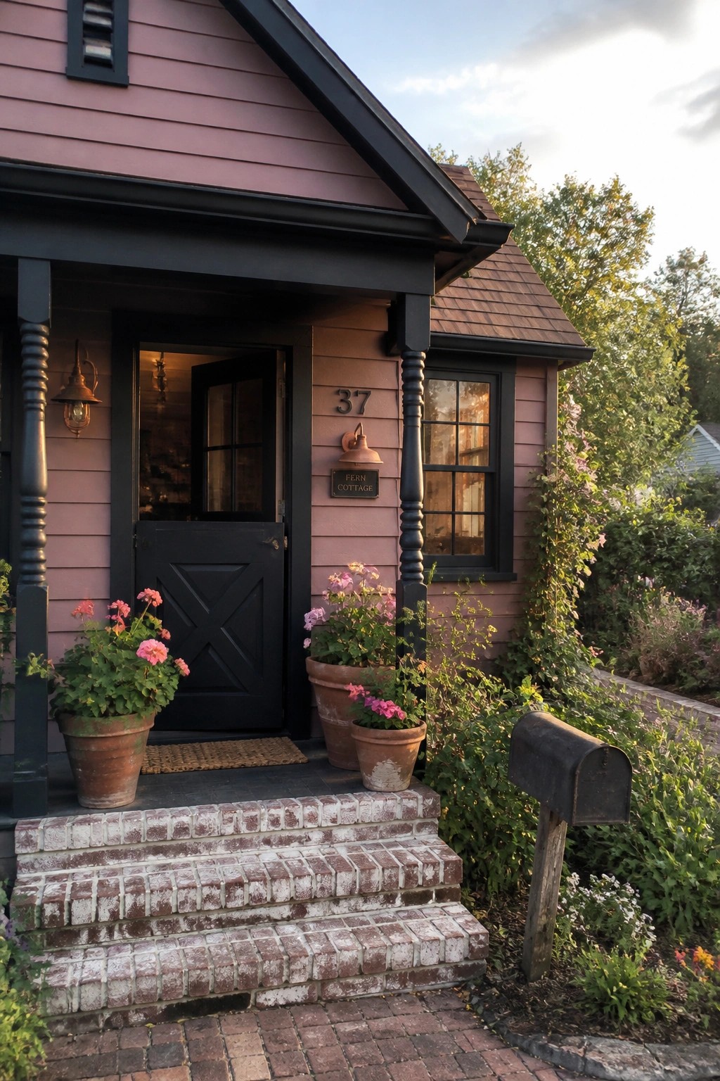 A cottage exterior with dusty rose pink siding and black trim.
