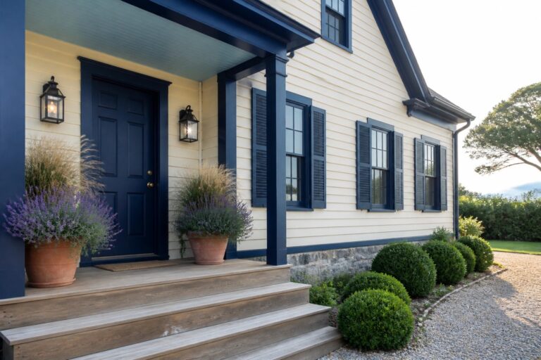 24 Elegant Exterior Color Schemes Built Around High-Contrast Trim Yellow house with dark blue trim, wooden porch steps, and potted lavender plants.