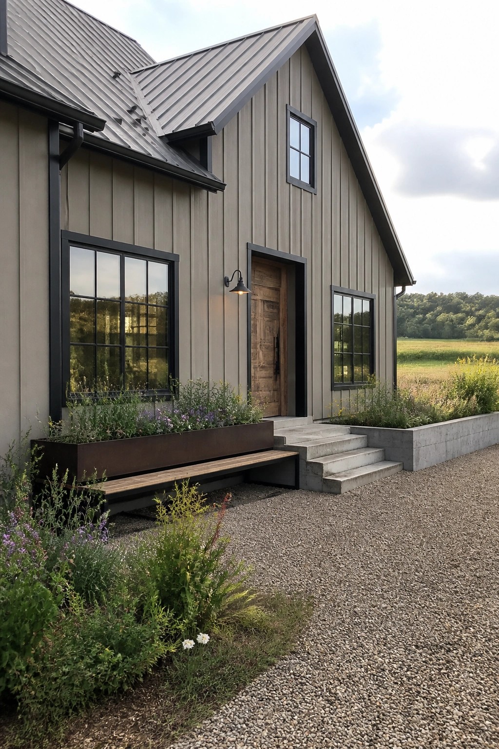 Modern gray farmhouse with black windows, wooden door, concrete steps, and gravel drive
