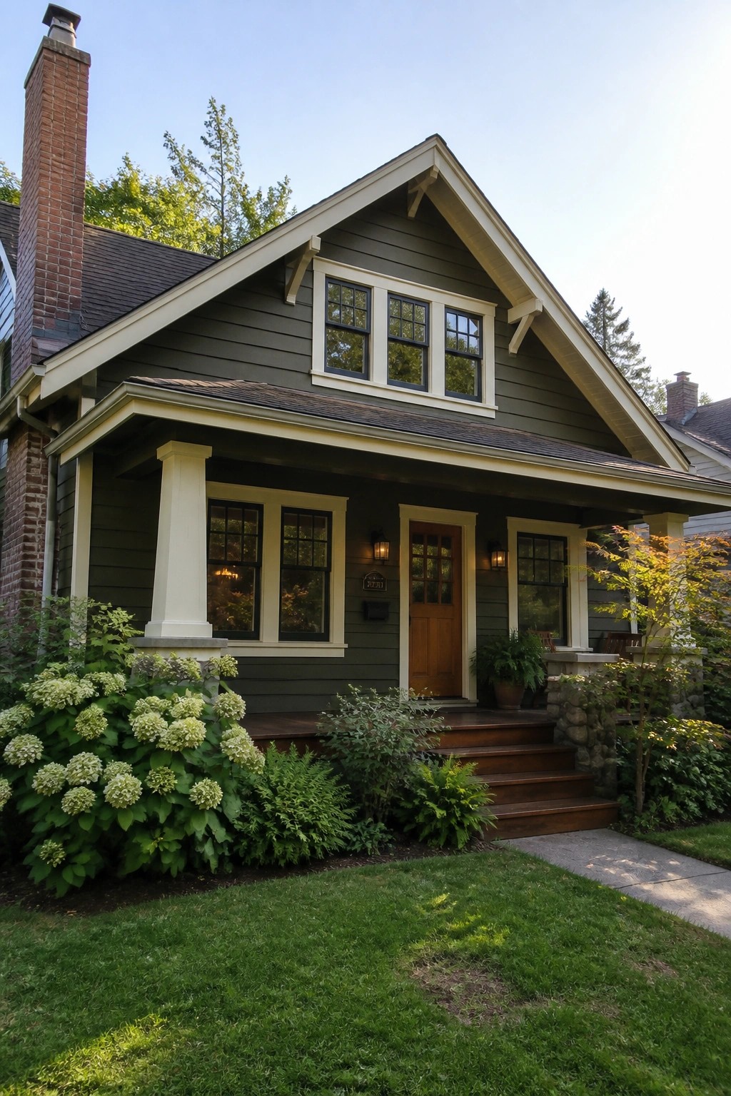 Dark green-gray house siding with white trim and a wooden front door.