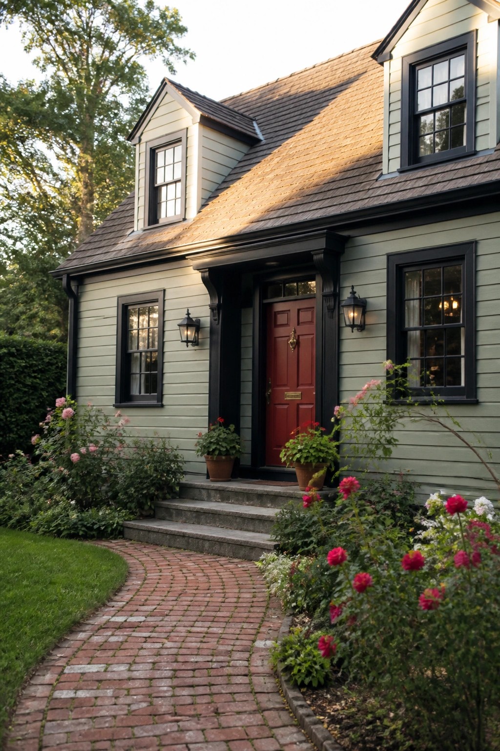 Charming light green house with red door, brick path, and blooming flowers
