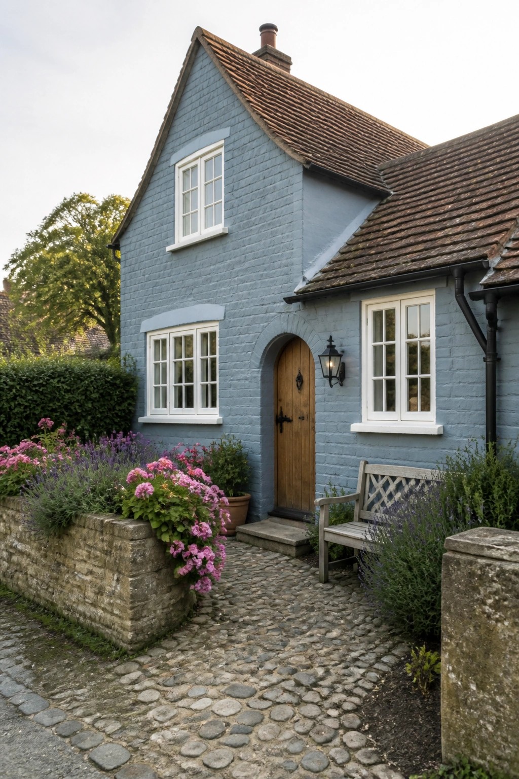 A blue-gray painted brick cottage with white trim and a wood door.