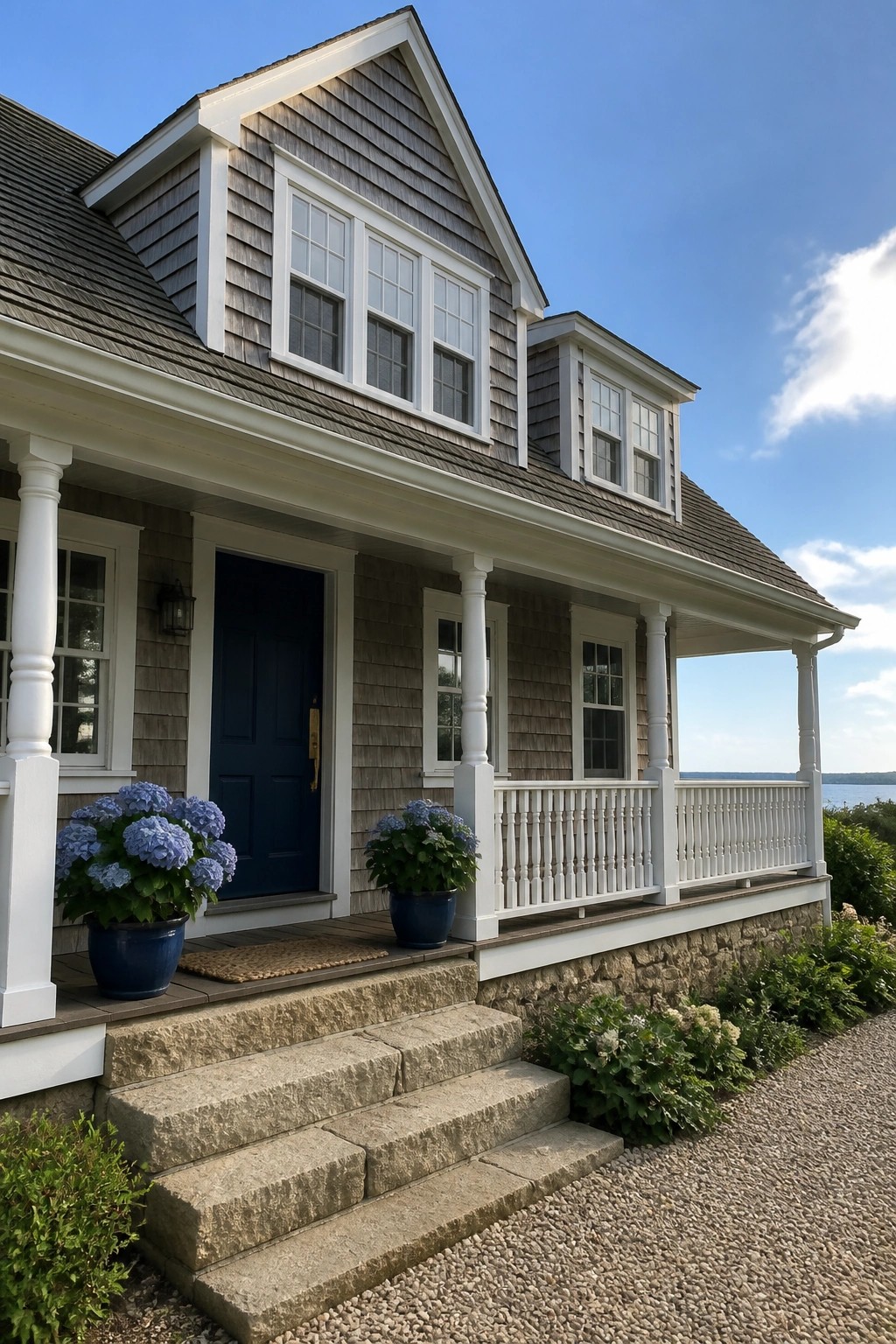 Gray shingled house with blue door, white porch, and ocean view