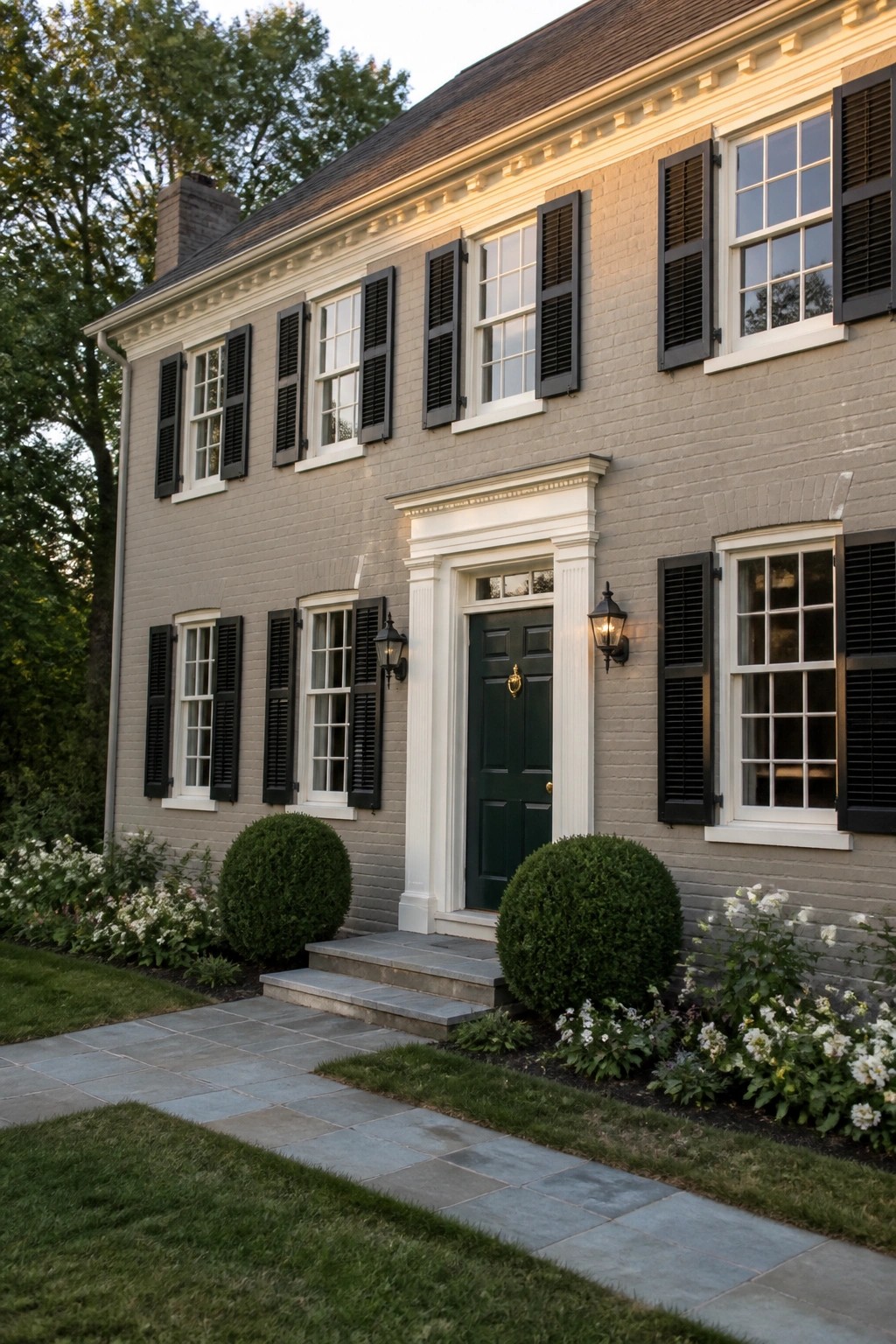 A two-story brick house painted in warm gray with white trim and black shutters.