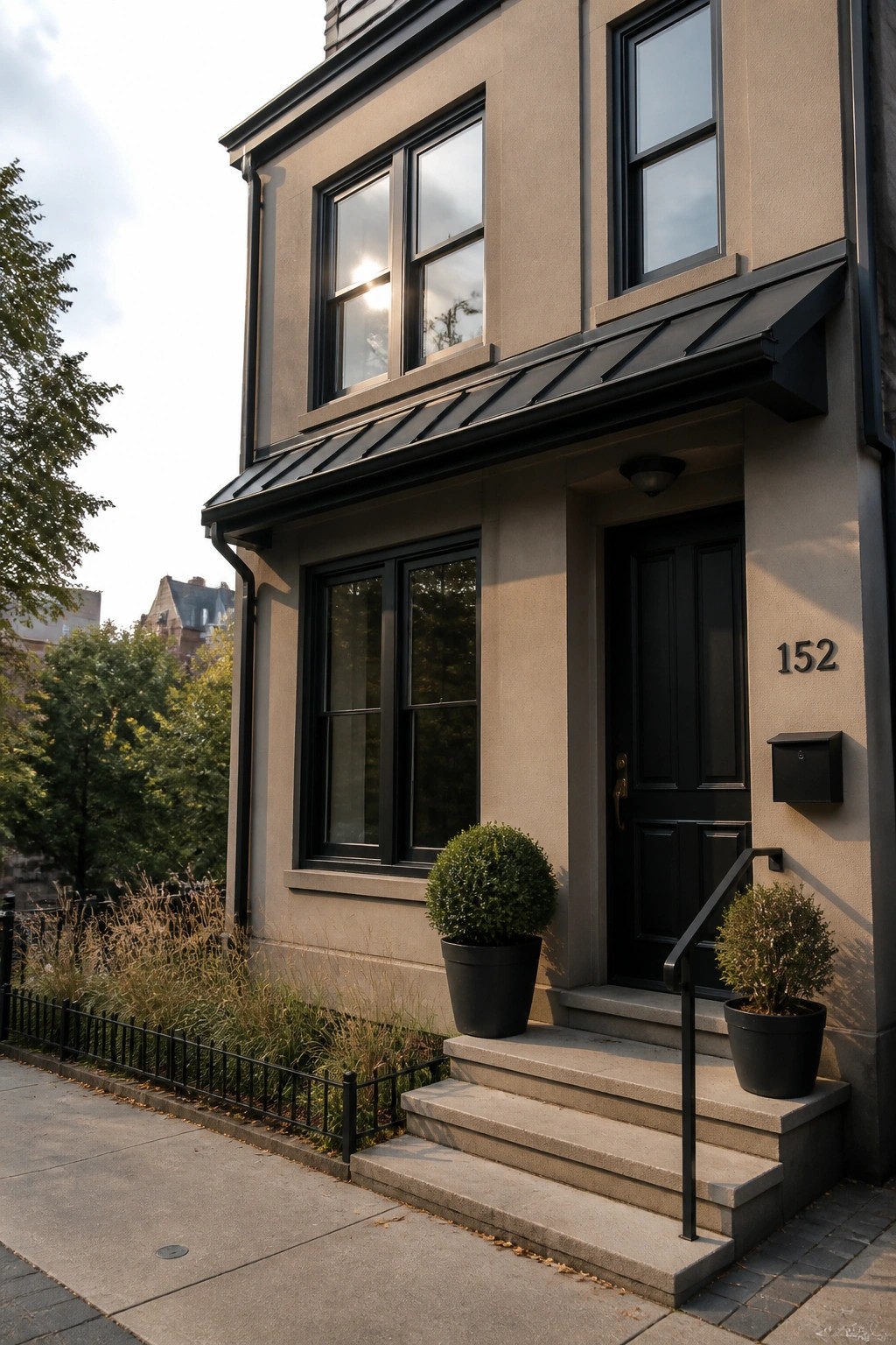 House exterior in warm greige siding with black windows, door, and roof trim.
