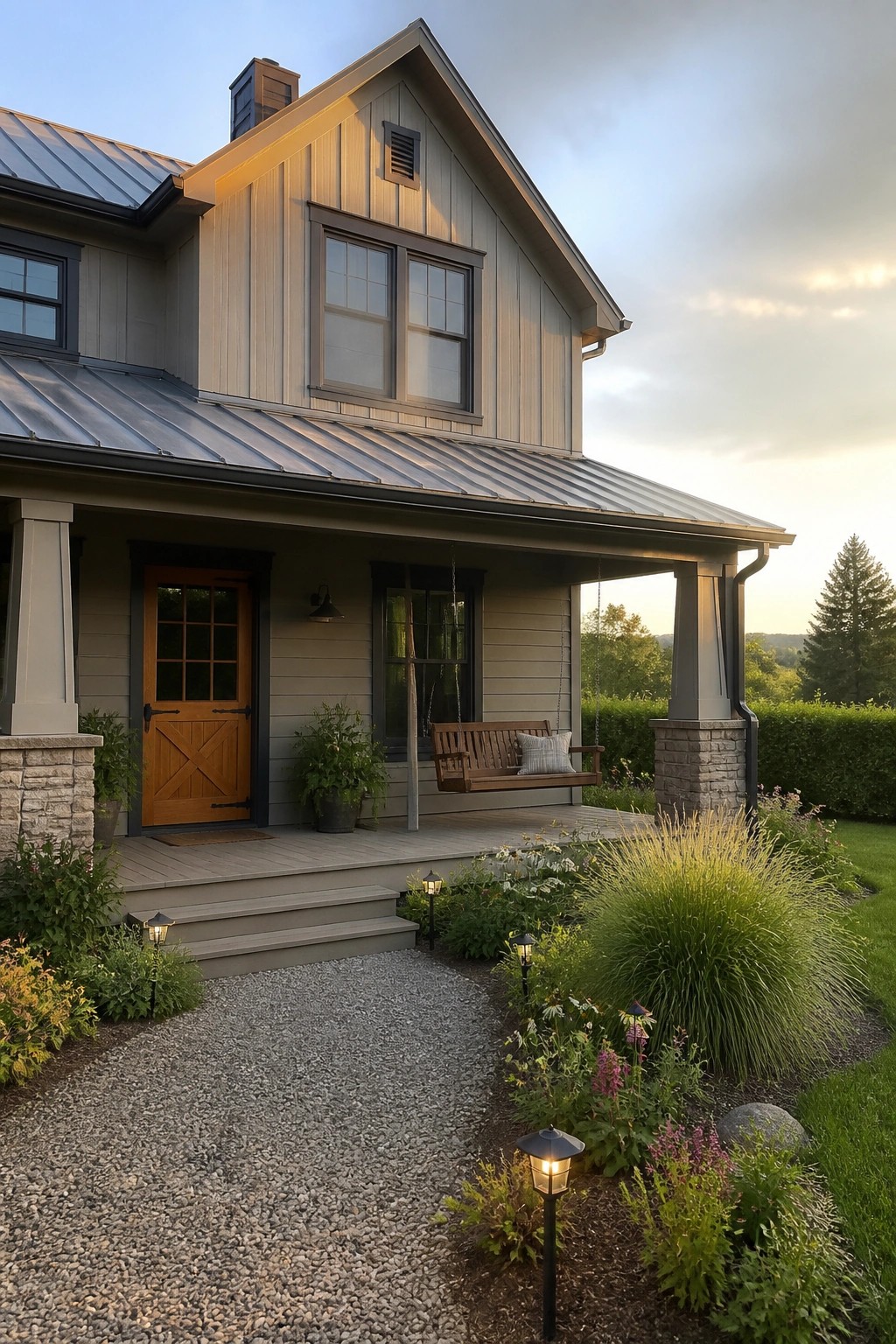 House exterior with warm greige siding and dark trim on a porch with stone pillars.