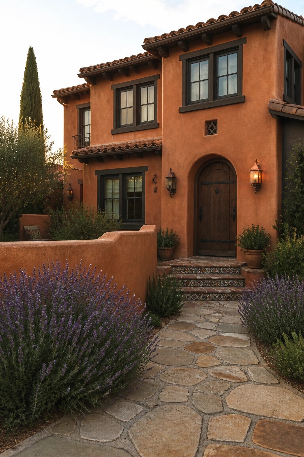 Terracotta stucco house exterior with dark trim, arched wooden door, and stone pathway.