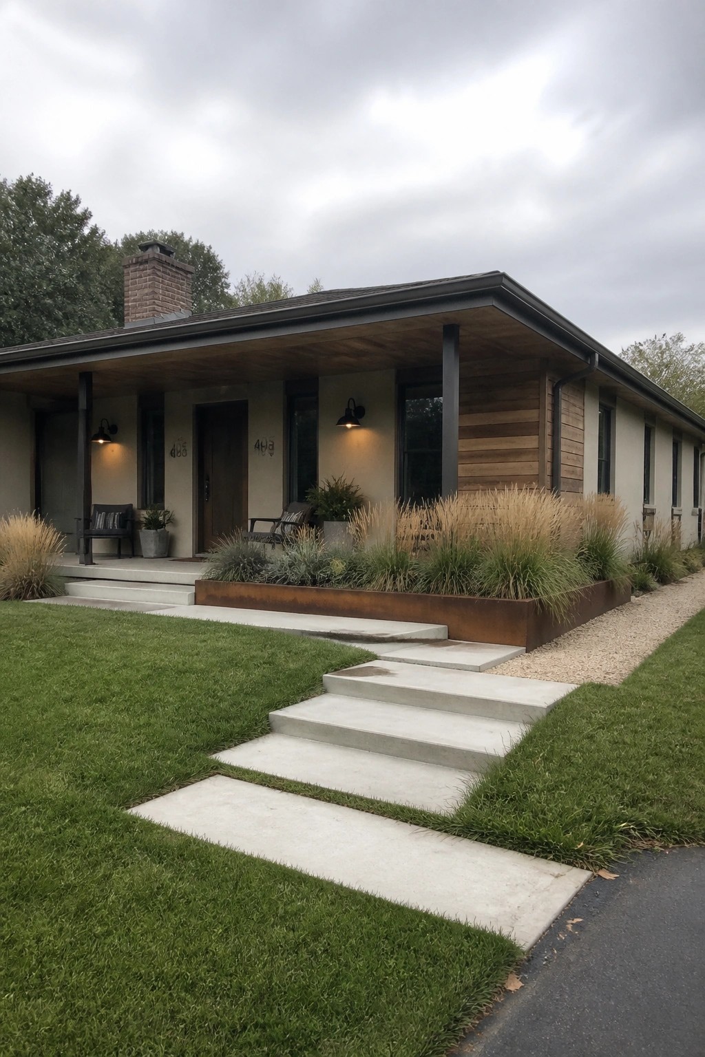 Modern single-story house with concrete steps, wooden porch, and grassy lawn under overcast sky