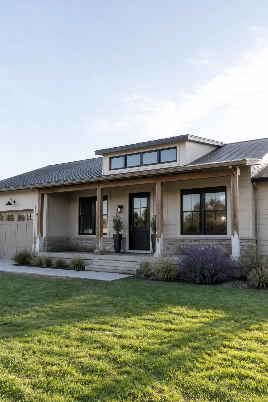 A beige ranch house exterior with a wide covered porch, wooden support posts, stone foundation, black door and windows, and a small raised roof section above the entry.