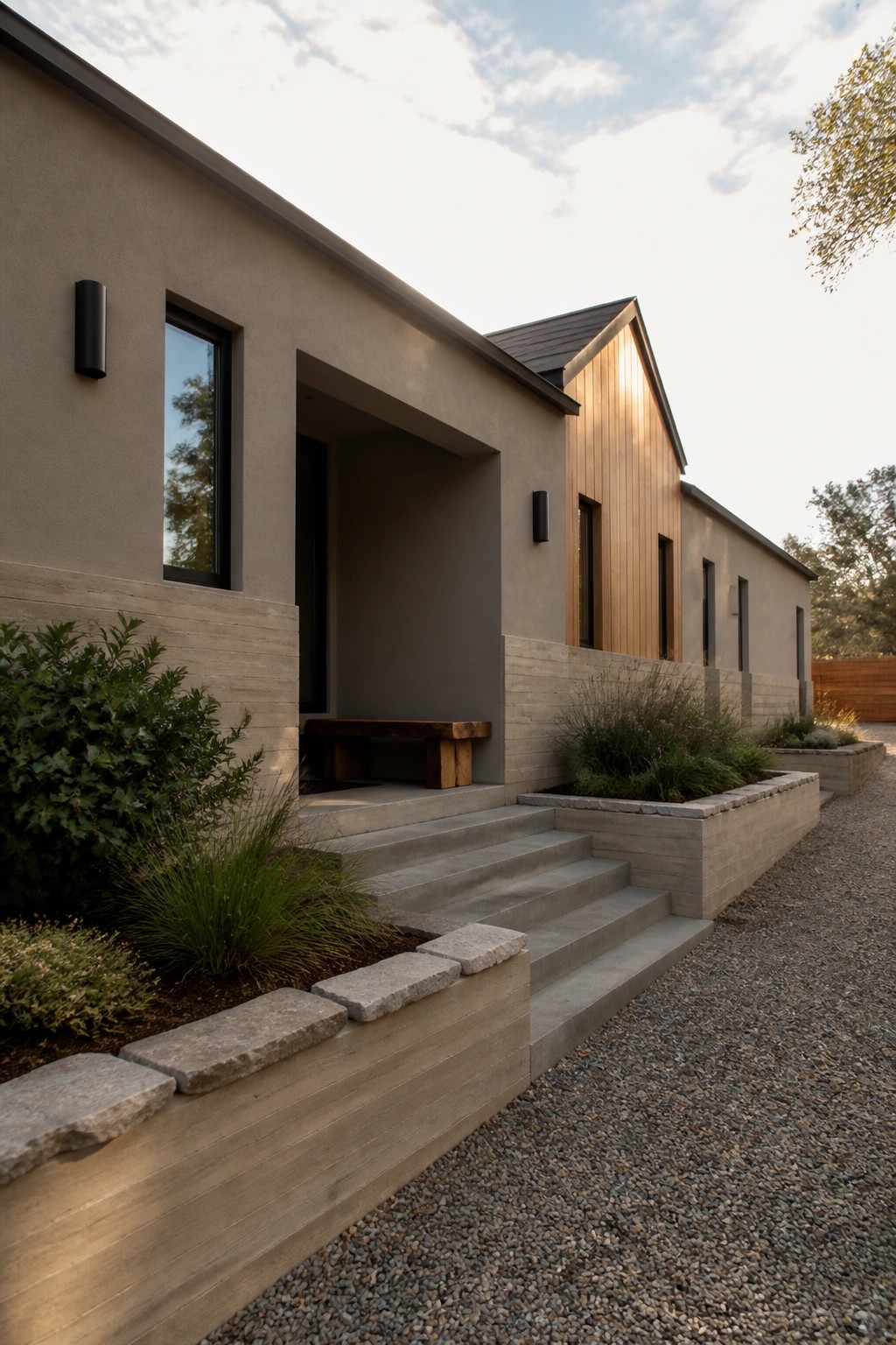 Beige ranch house exterior with a wood-clad gable, recessed entry, concrete steps, and gravel path with raised planters.