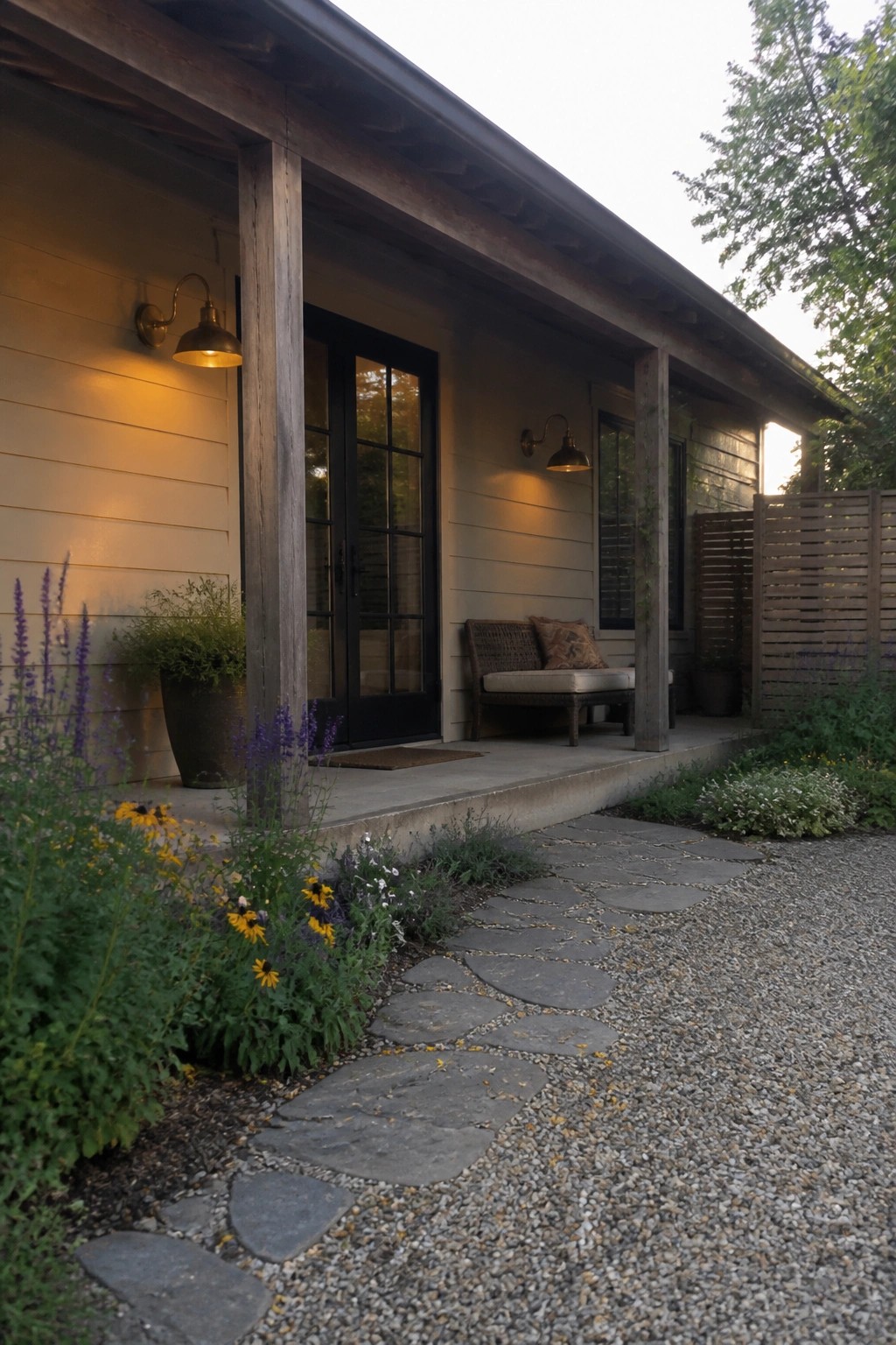 Cozy wooden porch with glowing sconces, bench, and colorful garden by stone path