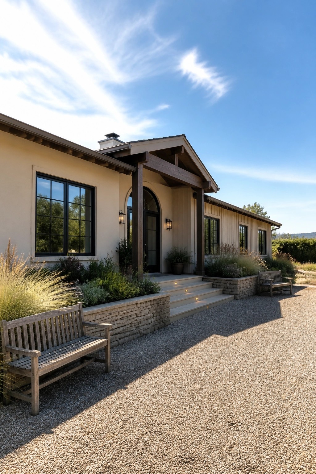 Modern beige house with arched entry, wooden benches, and gravel driveway under blue sky.