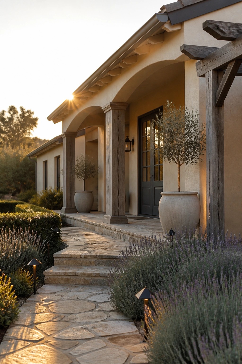 Beige ranch house with multiple arches and wooden columns along the front, dark double doors, and a stone pathway leading to the entrance.