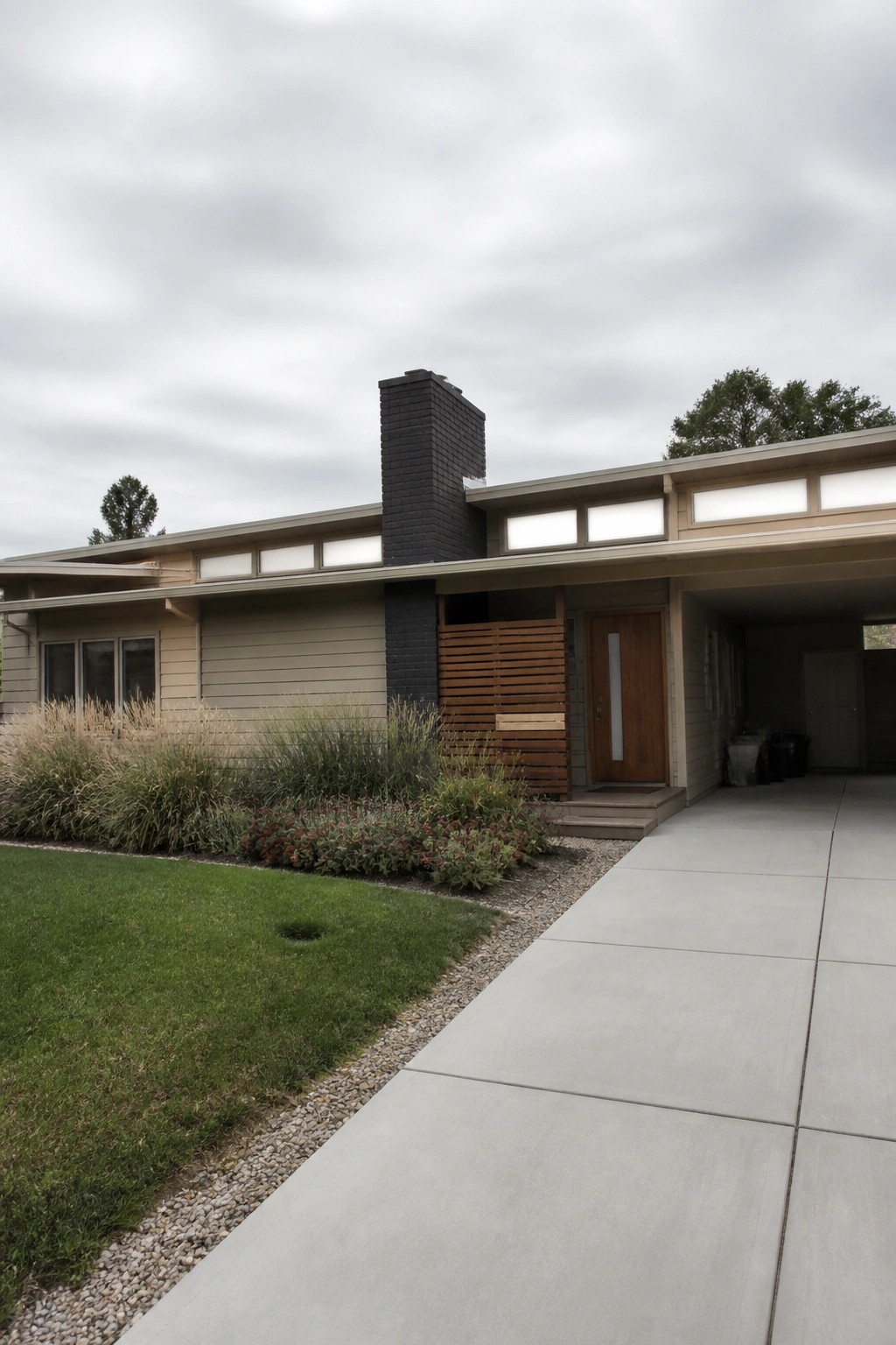 Beige ranch house with long facade, black brick chimney, and wood entry screen on a concrete driveway.