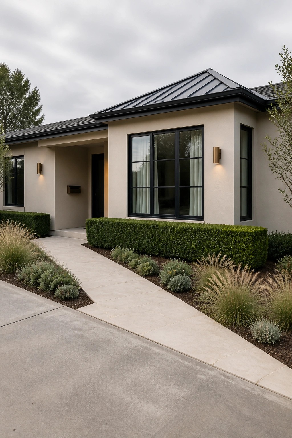 Beige ranch house exterior with dark metal roof, black-framed windows, and layered green landscaping along the front walkway.
