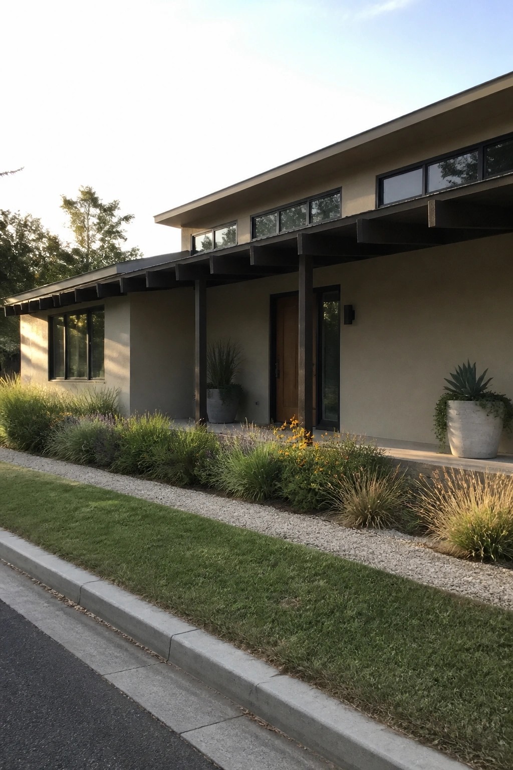 Long beige ranch house with dark overhanging porch supported by posts, wood entry door, and gravel bed along the front.