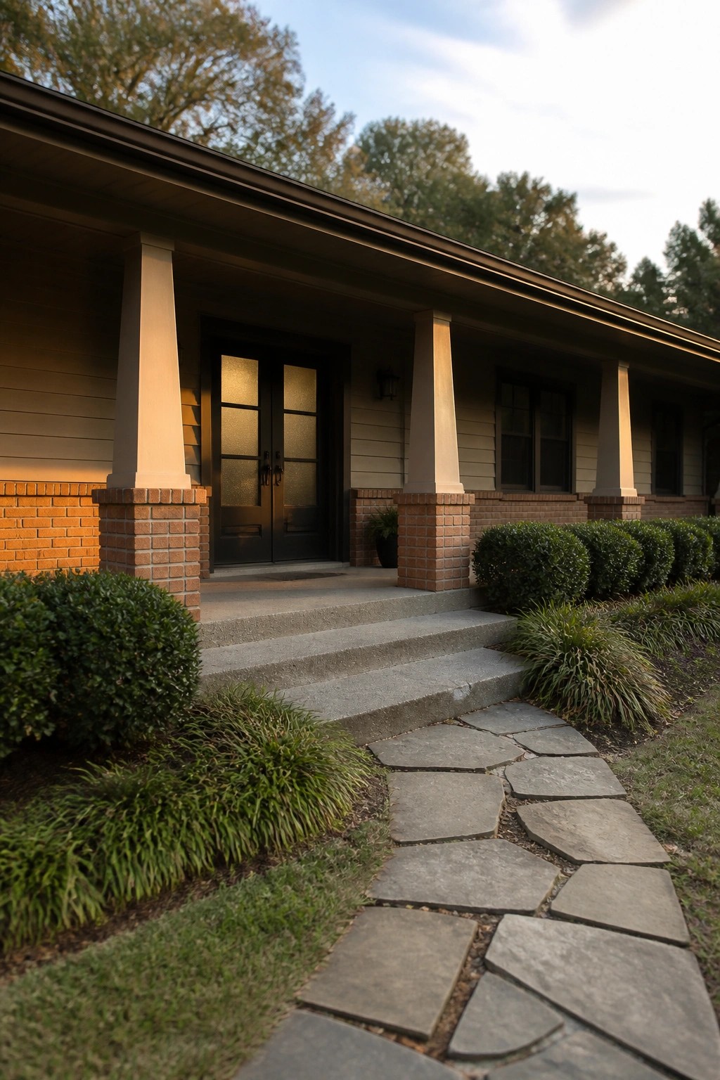 Stone pathway leading to steps of house porch with double doors and columns.