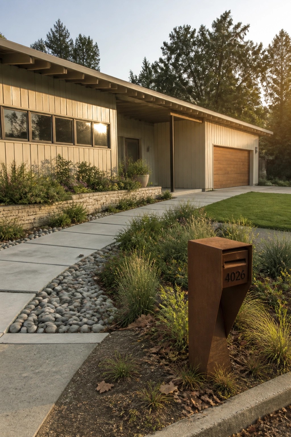 Modern house with wooden siding, concrete driveway, garden and rusted mailbox 4026.