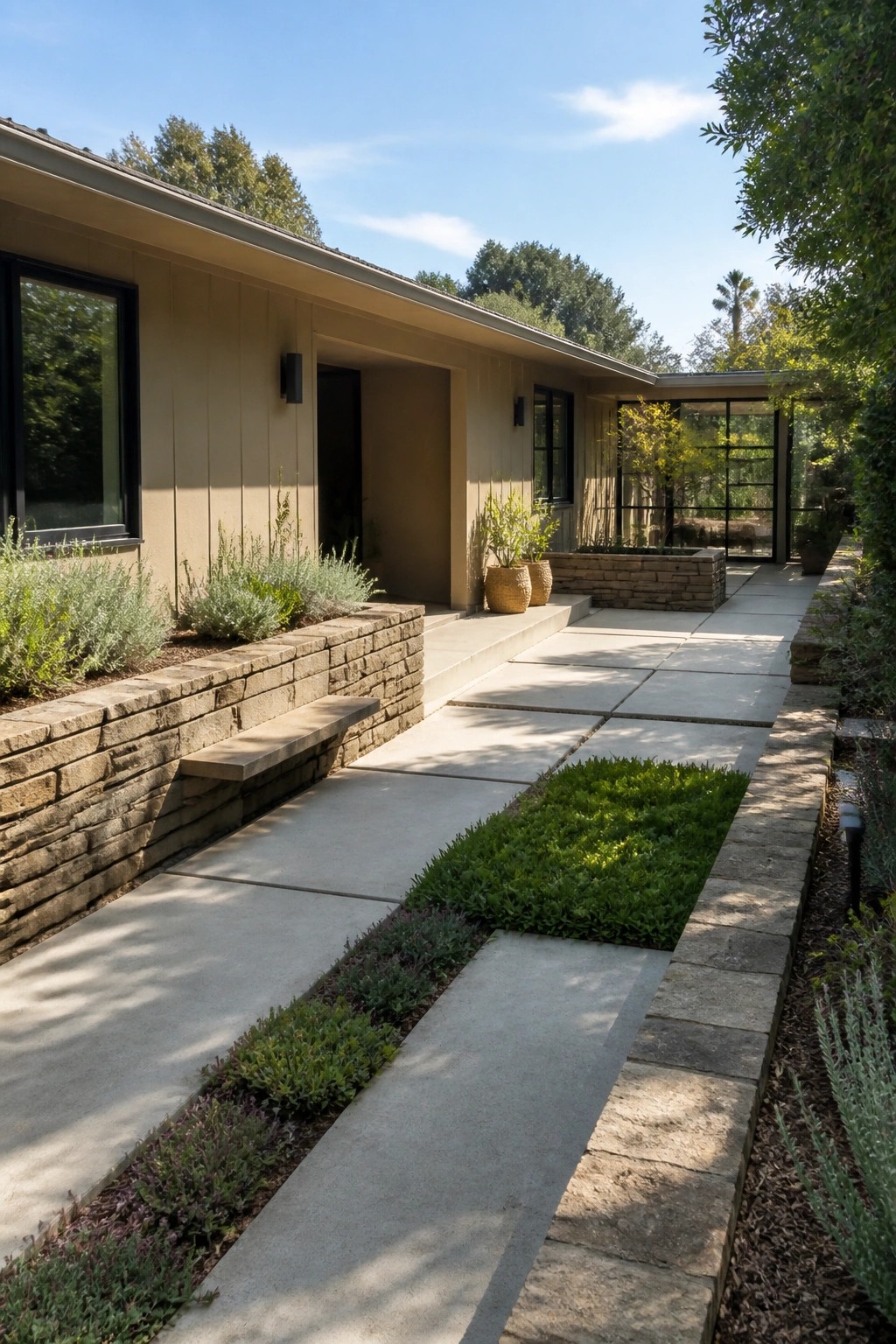 Beige ranch house with long concrete walkway, low stone retaining walls, and planting beds running alongside the facade.
