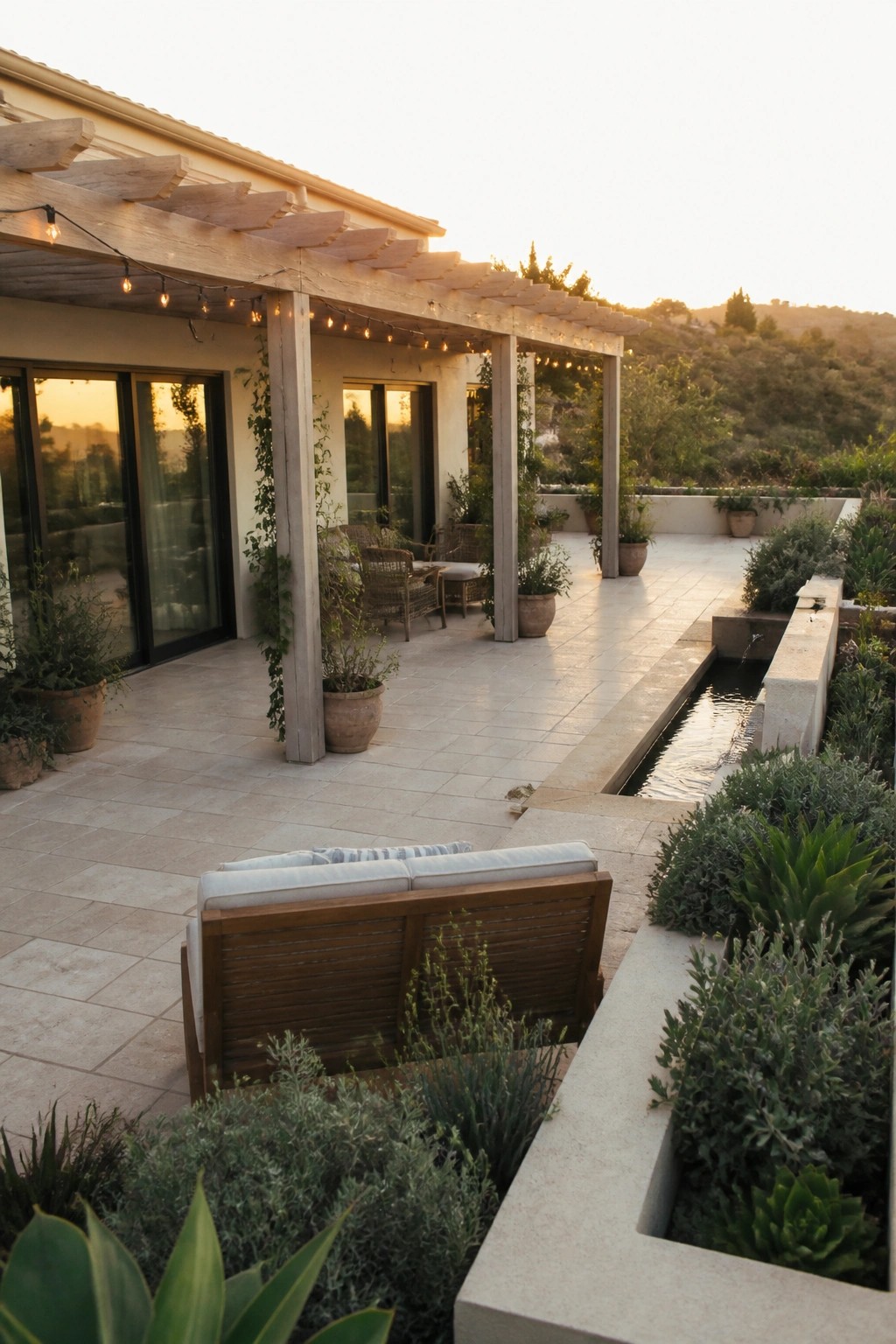 A beige house exterior with a wooden pergola covering a tiled patio, string lights, wicker seating, potted plants, and a narrow water channel running along one edge.