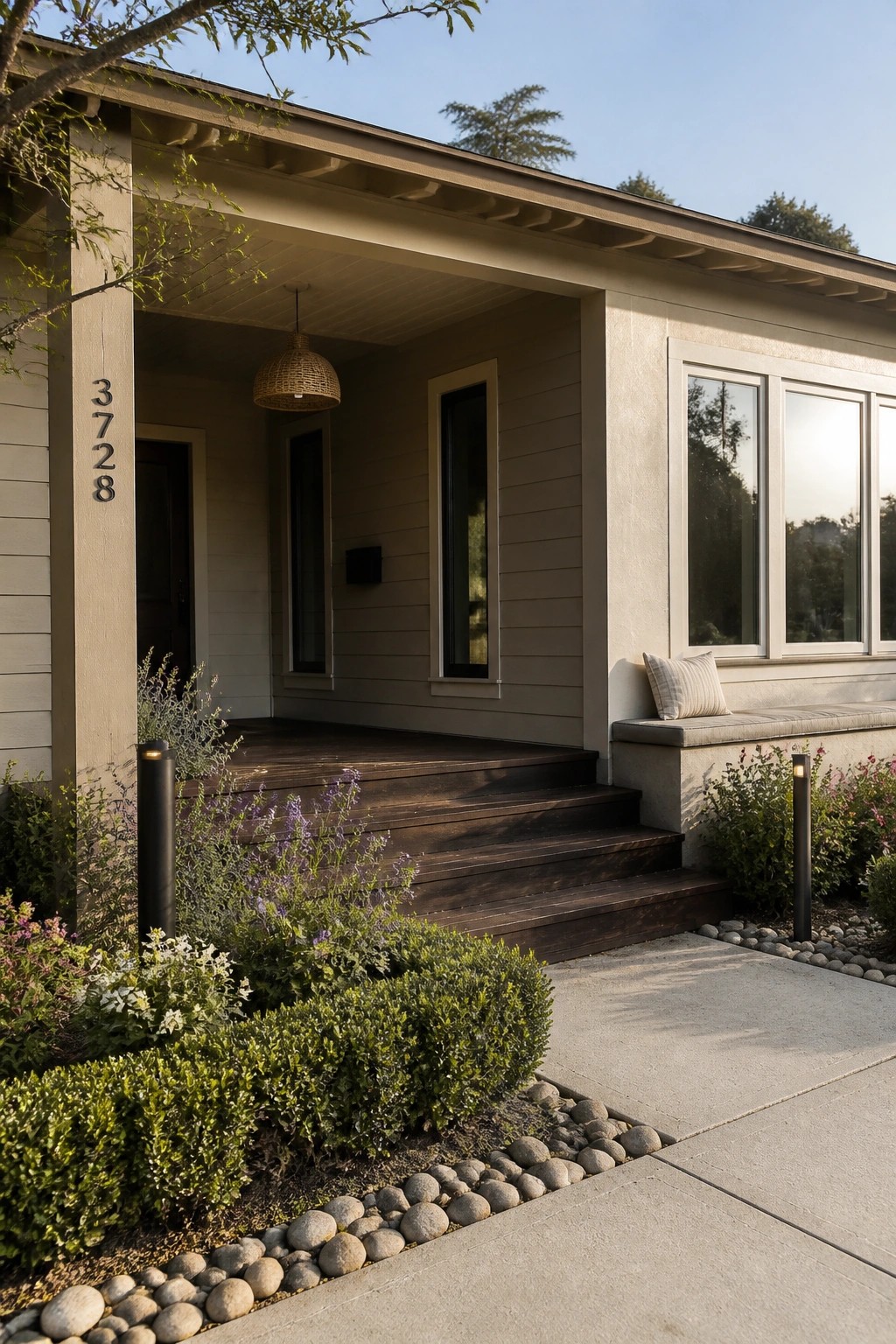Front view of a beige ranch house showing a recessed porch with dark wood steps, a hanging light, and tall narrow windows beside the entry.