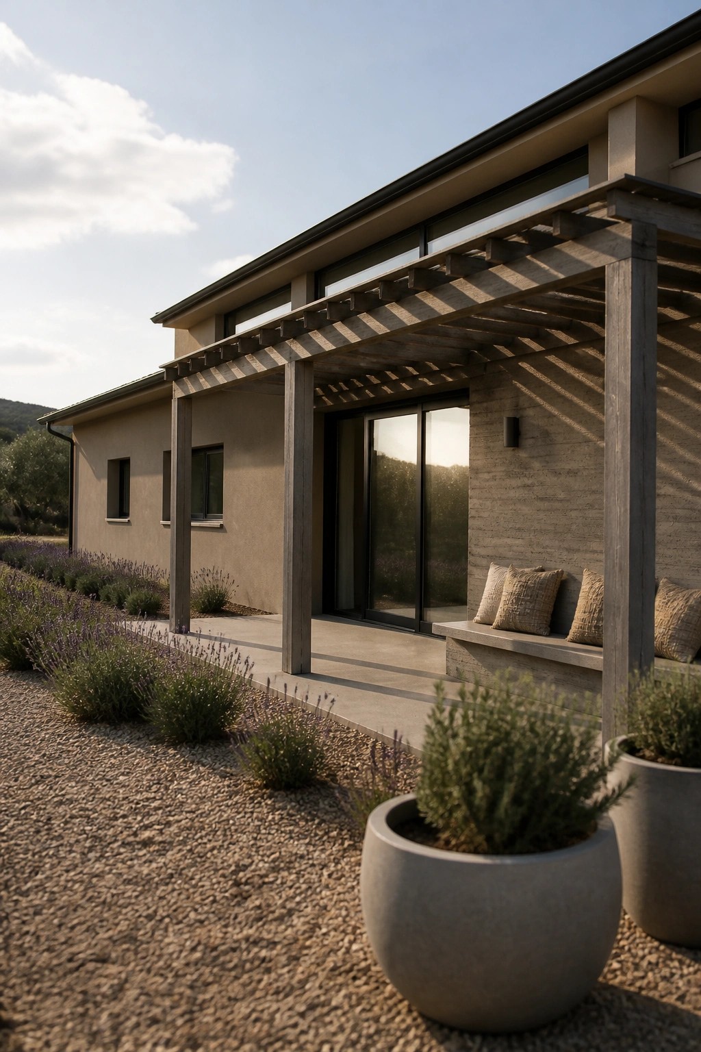 Beige ranch house exterior with a wooden pergola covering a concrete patio area that includes built-in seating, large potted plants, and gravel landscaping with lavender.