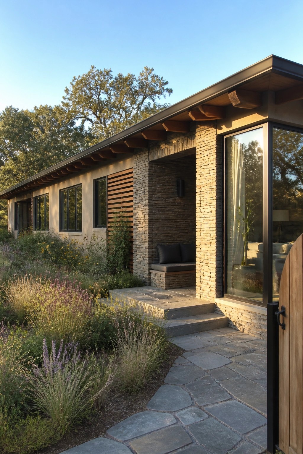 A long beige ranch house with stacked stone pillars, black-framed windows, wood roof trim, and a stone pathway leading to the front.