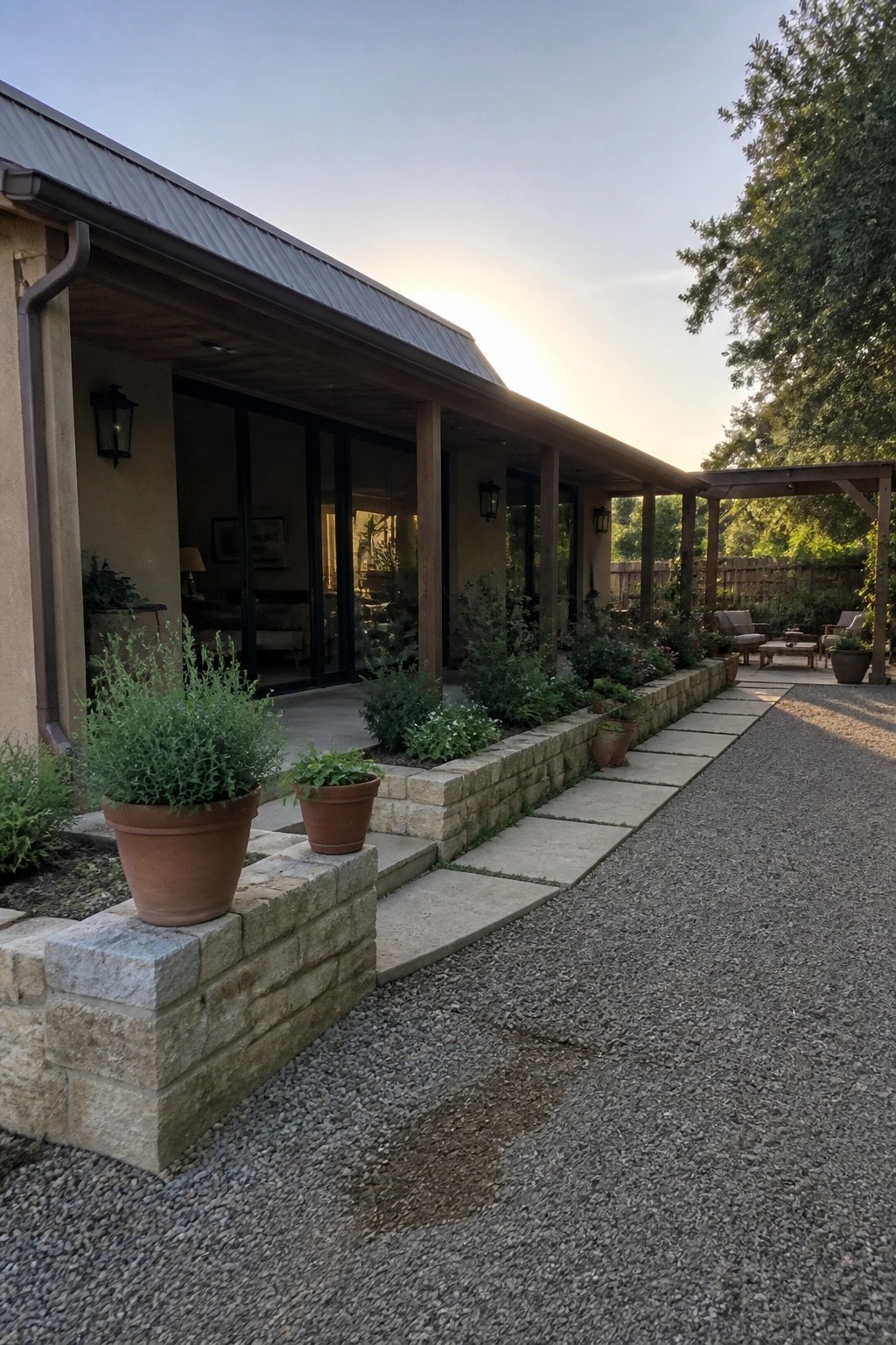Modern house with metal roof, glass doors, stone planters, gravel path at sunset.