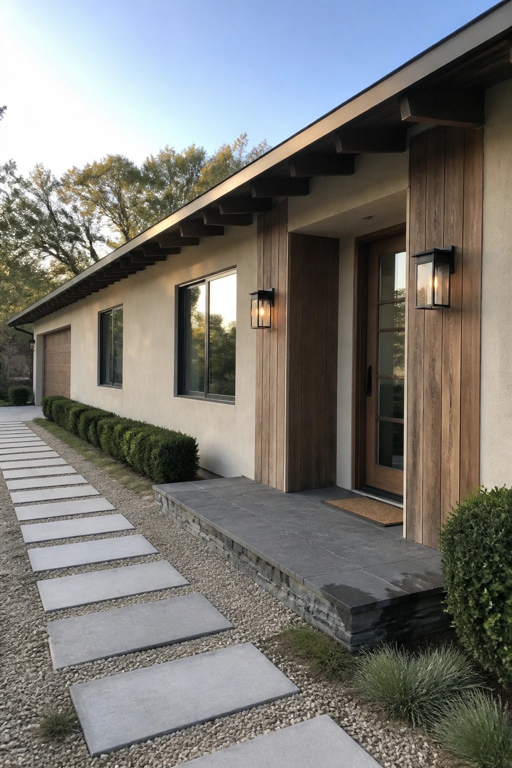 Beige ranch house exterior featuring vertical wood siding around the front door, black-framed windows, a stone porch, and a gravel path with concrete pavers.