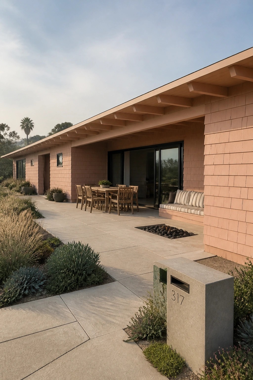A pink shingled house with a covered patio featuring a wooden dining table, built-in bench with striped cushions, and a square fire pit set into the concrete.