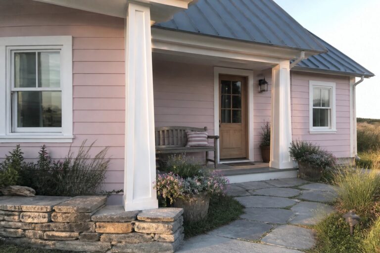 A pink shingled beach house exterior with white trim, a wooden front door, a covered porch with columns and a bench, wooden planters, and a stone pathway leading to the entrance.