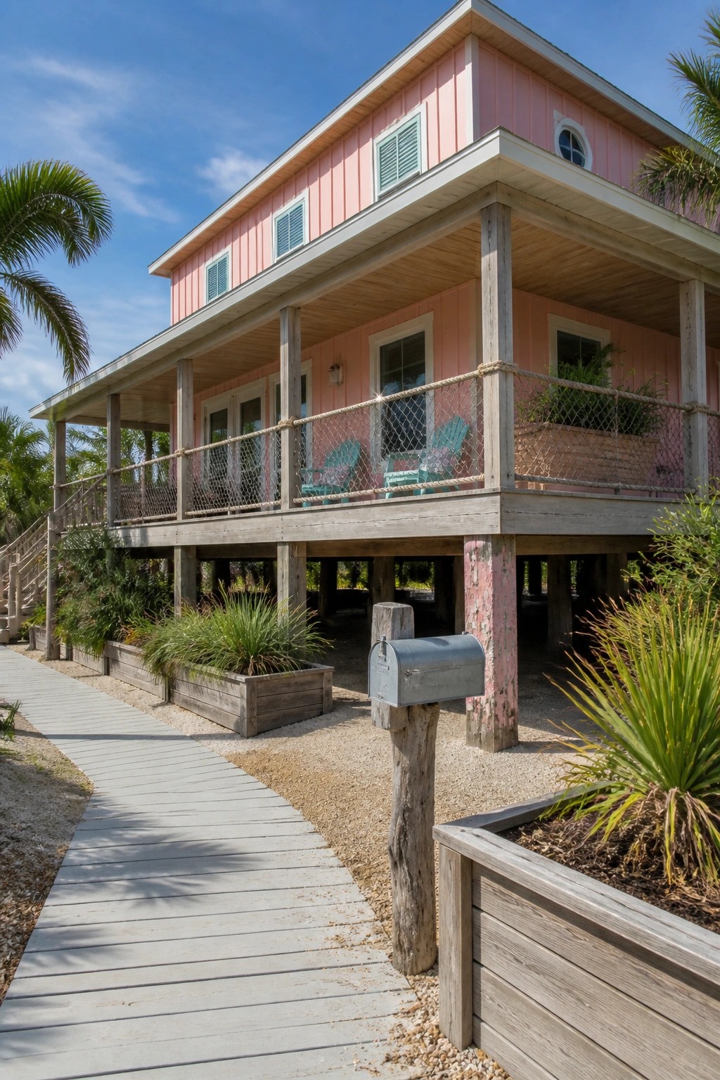 A pink wooden beach house raised on weathered pilings, with a front deck, rope and chain railing, a gravel path, and a mailbox on a post.