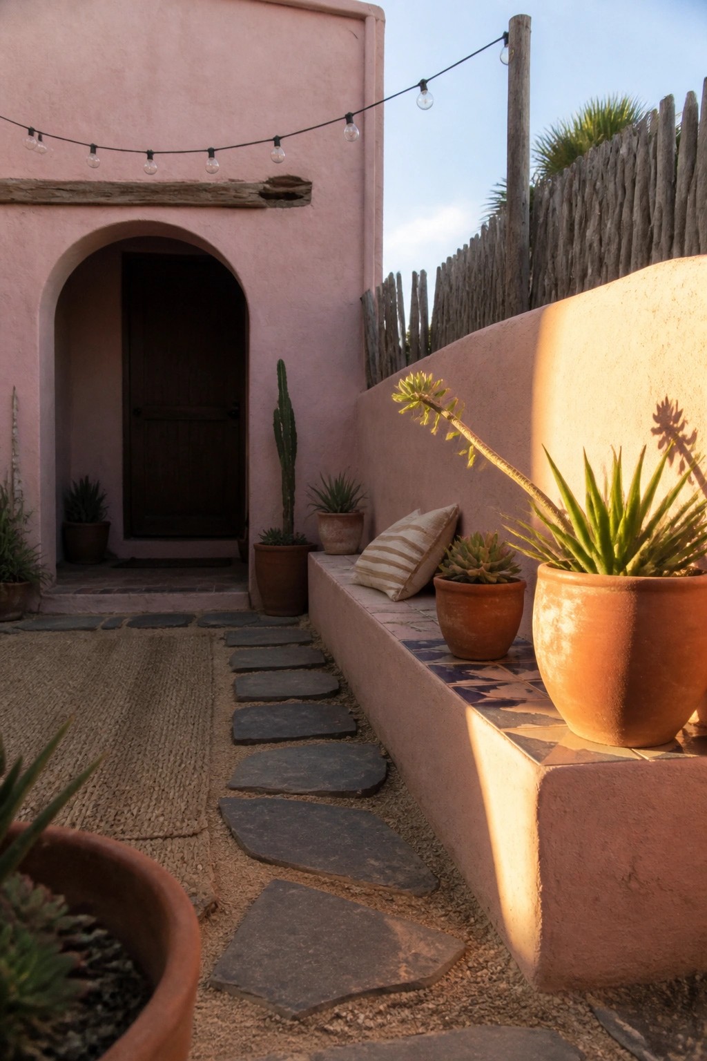 A pink stucco house exterior with an arched dark wood door, stone stepping path, terracotta pots with succulents, and a tiled bench along the wall.
