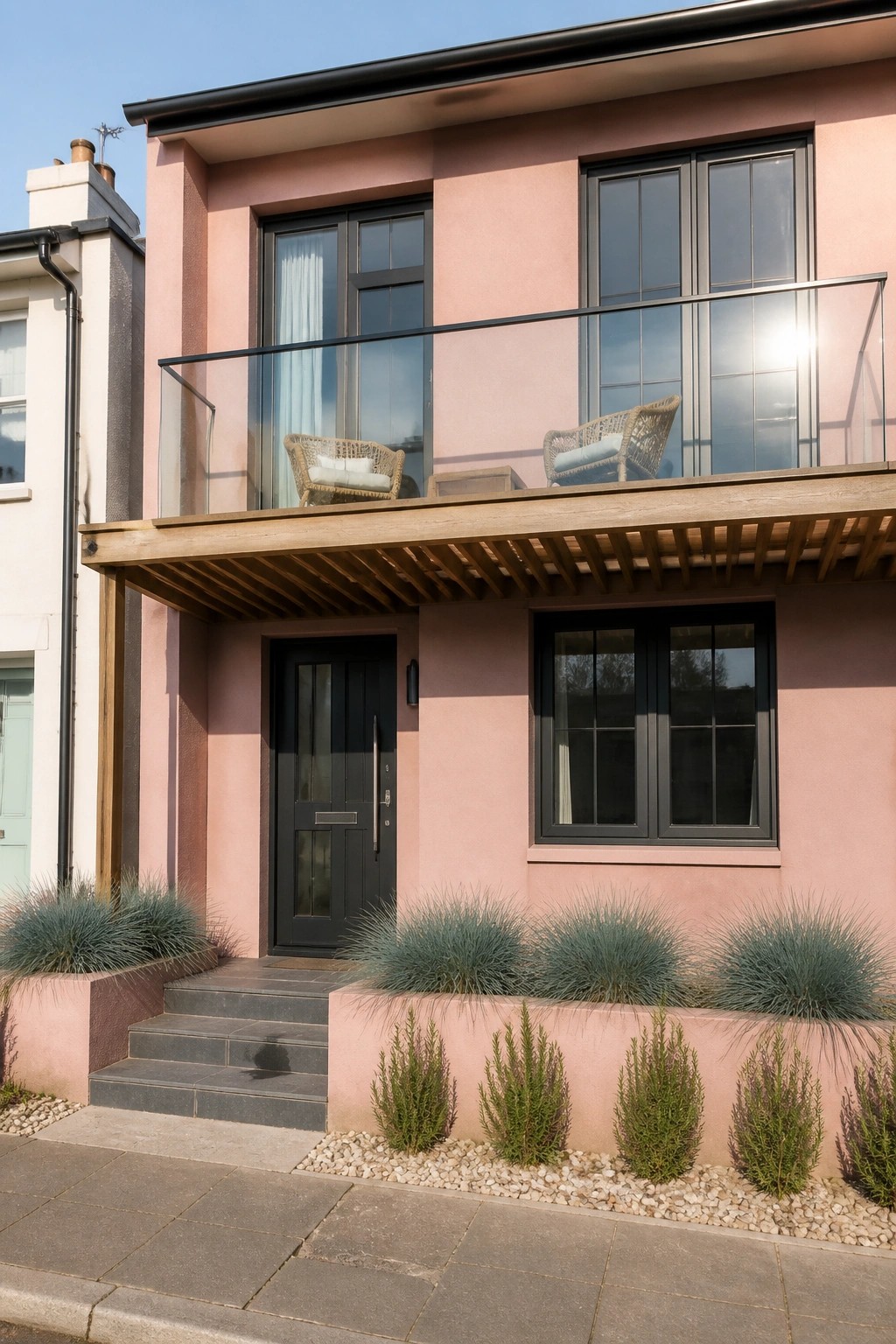 A two-story pink stucco house with black-framed windows, a wooden balcony overhang, black front door, and low planters with blue-green grasses along the front steps.