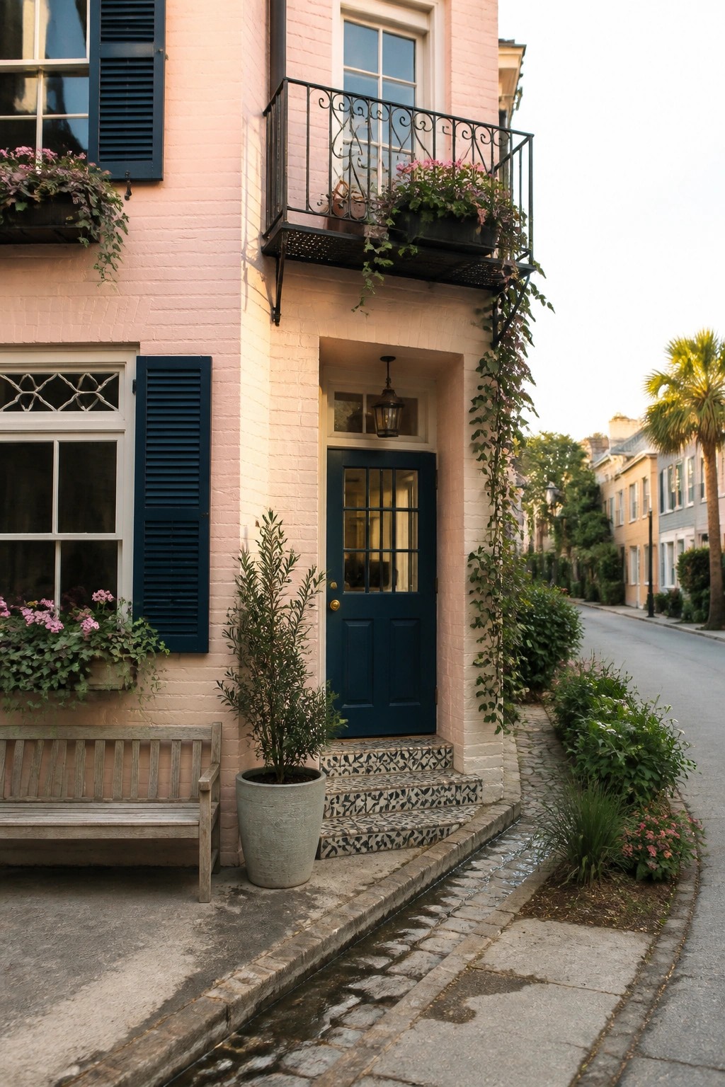 A pink brick house with a dark blue door, black metal balcony, dark shutters, and potted plants along a quiet residential street.