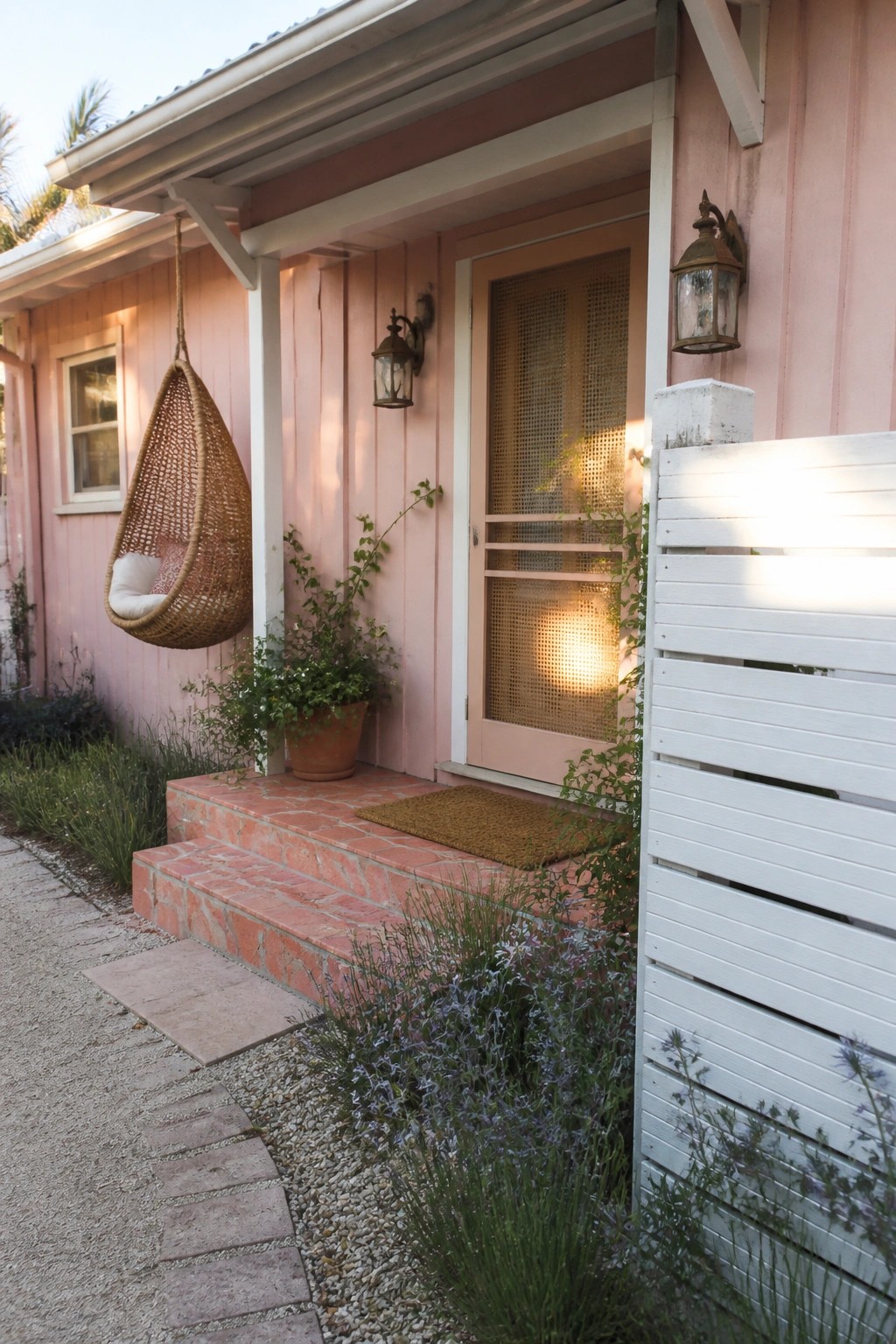 A pink wooden beach house exterior with a screen door, brick steps, hanging wicker chair, potted plants, and white fence.
