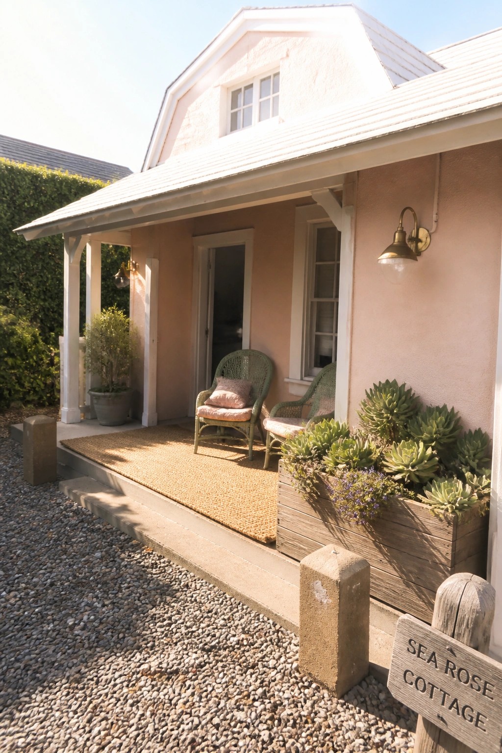 Pink cottage porch with wicker chairs, succulent planter box, and Sea Rose Cottage sign
