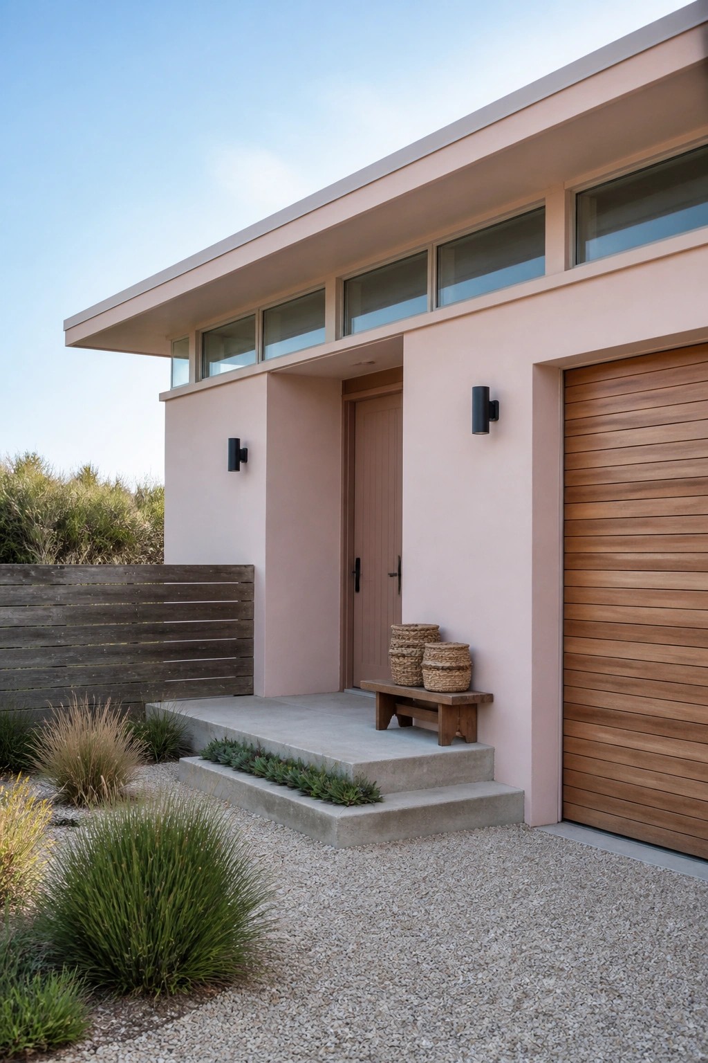 A single-story modern house with soft pink stucco walls, horizontal clerestory windows, a wooden garage door, and a concrete entry step with two woven baskets beside a small wooden bench.