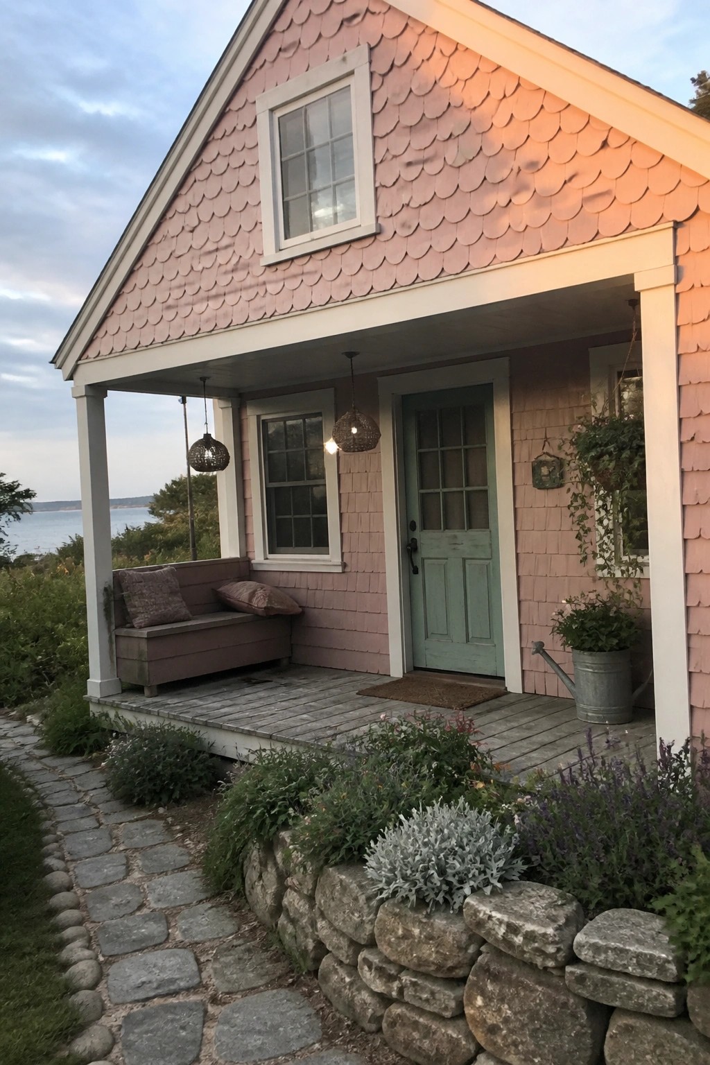 A pink shingled beach house with a covered porch, green door, wooden bench, stone retaining wall, and cobblestone path leading to the entrance.