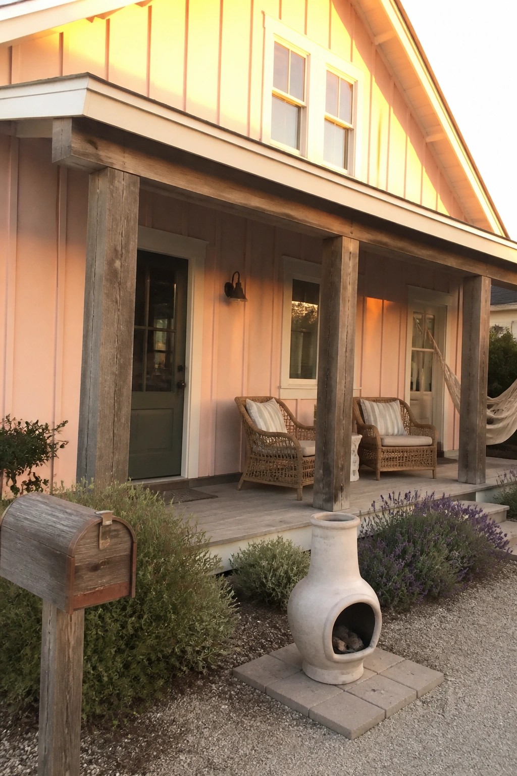 Pink cottage porch with wicker chairs, chiminea, mailbox, and lavender at sunset.