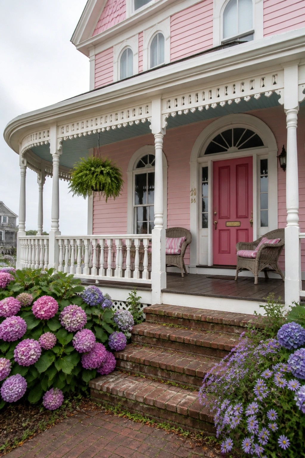 A two-story pink wooden house with white trim, a curved porch, brick steps, and flowering shrubs in front.