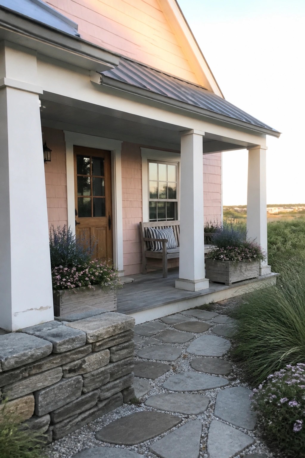 A pink shingled beach house exterior with white trim, a wooden front door, a covered porch with columns and a bench, wooden planters, and a stone pathway leading to the entrance.
