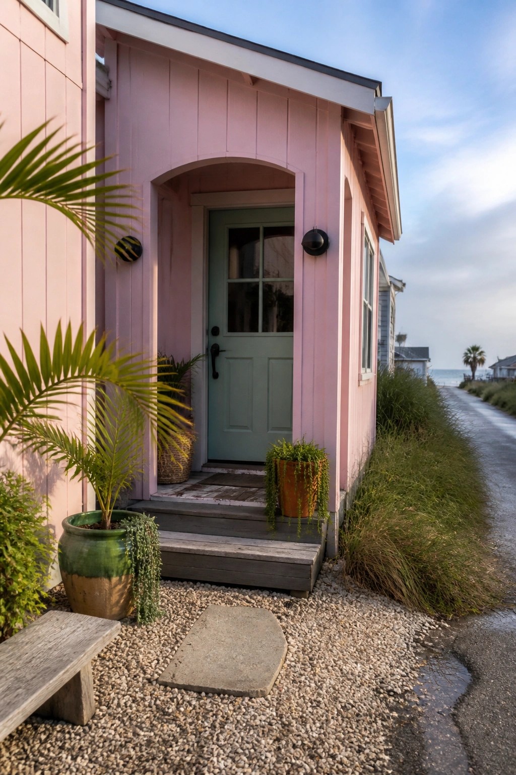 Pink beach cottage with mint green door, potted plants, and gravel path
