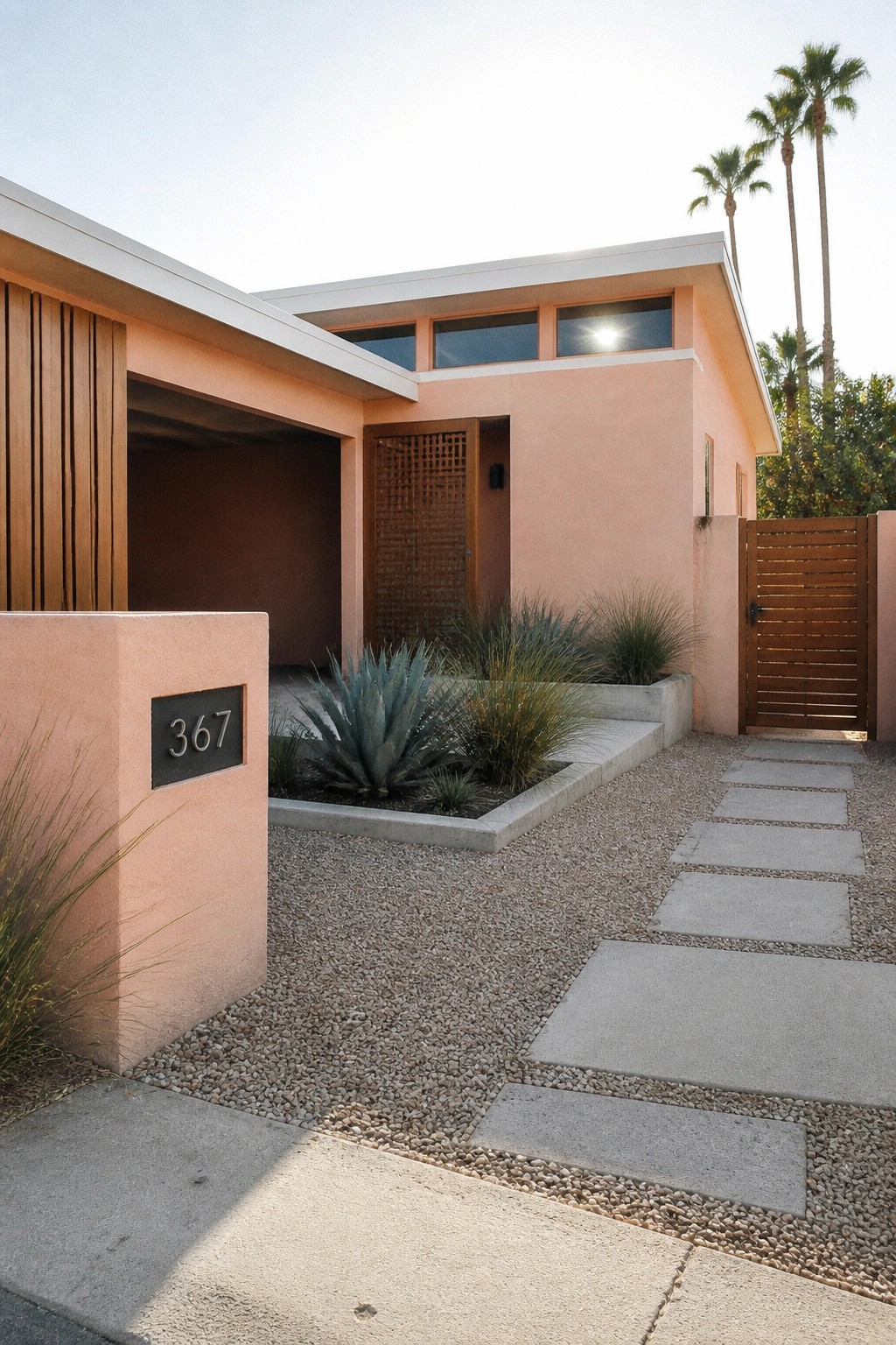 Modern peach stucco home with carport, gravel path, stepping stones, and palms.