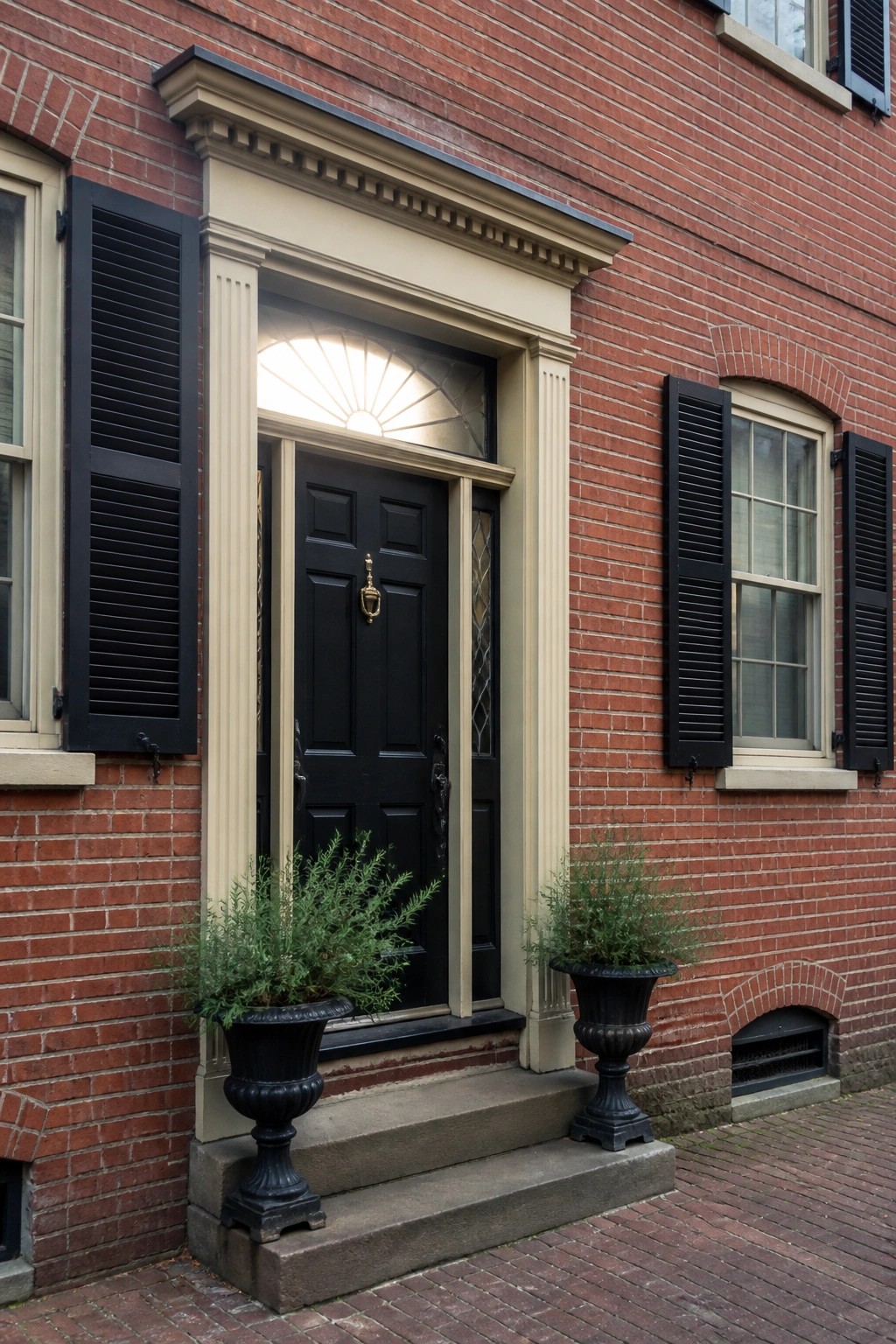 Black door on red brick building with shutters and potted plants on steps