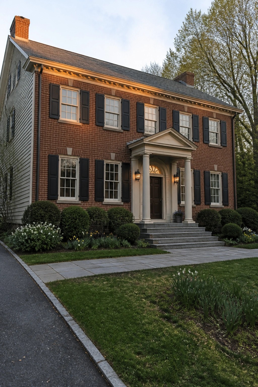 Two-story brick house with black shutters, white columned portico, stone steps, and landscaped garden.